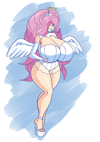 Size: 1100x1555 | Tagged: angel, angel halo, artist:annon, bimbo, bimboshy, breast grab, breasts, busty fluttershy, cleavage, clothes, costume, curvy, derpibooru import, ear piercing, earring, eyeshadow, fake halo, female, fingernails, fluttershy, grope, halloween costume, hooped earrings, human, human coloration, humanized, jewelry, keyhole shirt, lipstick, makeup, nail polish, piercing, questionable, solo, solo female, stupid sexy fluttershy, wide hips