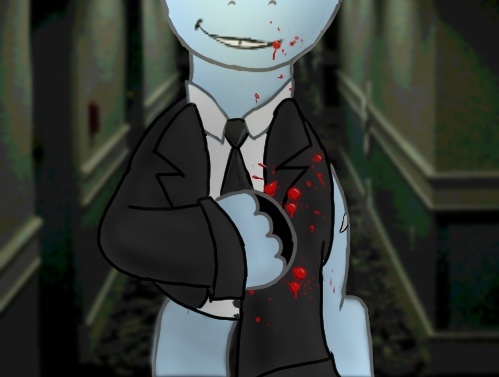 Size: 499x377 | Tagged: semi-grimdark, artist:kill joy, derpibooru import, ponified, pony, fanfic, american psycho, blood, business suit, cropped, fanfic art, fanfic cover, grin, hall, necktie, smiling, unshorn fetlocks