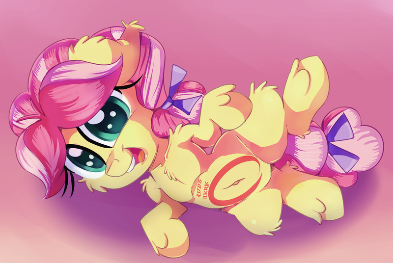Size: 2000x1339 | Tagged: safe, artist:discorded, derpibooru import, kettle corn, marks and recreation, belly button, cute, female, filly, hnnng, imminent belly rub, kettlebetes, open mouth, smiling, solo