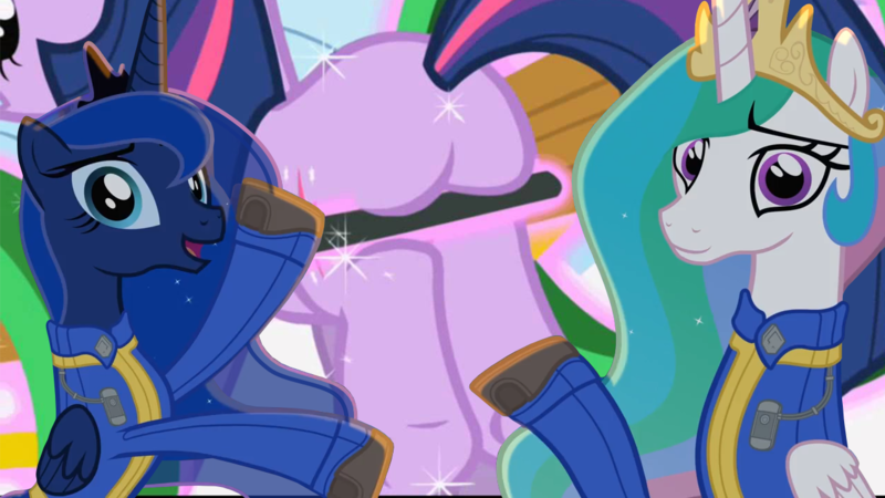 Size: 1280x720 | Tagged: safe, artist:2snacks, derpibooru import, edit, edited screencap, screencap, princess celestia, princess luna, twilight sparkle, alicorn, unicorn, two best sisters play, winter wrap up, clothes, fallout, plot, vault suit