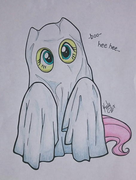 Size: 1554x2048 | Tagged: artist:kalyandra, bedsheet ghost, boo, clothes, costume, cute, derpibooru import, disguise, fluttershy, ghost, ghost costume, giggling, halloween, halloween costume, holiday, looking at you, safe, scary, shyabetes, solo, spoopy, traditional art