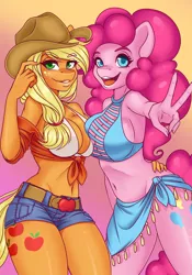 Size: 1050x1500 | Tagged: anthro, applejack, artist:bumblebun, belly button, belt, big breasts, bikini, bikini babe, boob squish, bottomless, breasts, breast squish, busty applejack, busty pinkie pie, cleavage, clothes, cowboy hat, daisy dukes, derpibooru import, duo, duo female, female, freckles, front knot midriff, hat, midriff, no panties, open mouth, peace sign, pinkie pie, shorts, stetson, stupid sexy applejack, stupid sexy pinkie, suggestive, swimsuit, thighs, waist grab