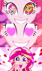 Size: 1280x2149 | Tagged: safe, derpibooru import, edit, edited screencap, screencap, pinkie pie, sunset shimmer, coinky-dink world, eqg summertime shorts, equestria girls, pet project, crossing the memes, exploitable meme, female, heart eyes, lesbian, meme, pinkie's eyes, shimmering the gecko, shipper pie, shipping, sunsetpie, wingding eyes