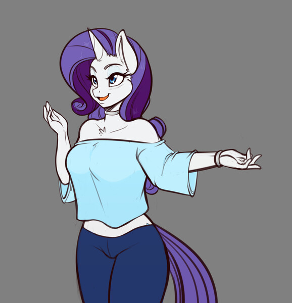 Size: 1735x1800 | Tagged: safe, artist:scorpdk, derpibooru import, rarity, anthro, unicorn, belly button, chest fluff, clothes, female, mare, midriff, short shirt, simple background, smiling, solo