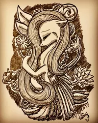 Size: 1080x1350 | Tagged: safe, artist:shinycyan, derpibooru import, fluttershy, pegasus, pony, bust, ear fluff, eyes closed, female, floppy ears, inktober, mare, monochrome, profile, solo, traditional art