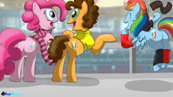 Size: 2560x1440 | Tagged: safe, artist:rupertbluefox, derpibooru import, cheese sandwich, pinkie pie, rainbow dash, earth pony, pegasus, pony, series:30 dayz of pinks, butt, cheering, clothes, female, flag, leg warmers, male, mare, plot, scarf, sports, stadium, stallion