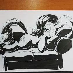 Size: 1080x1080 | Tagged: safe, artist:sketchwhatyousee, derpibooru import, rarity, pony, unicorn, couch, female, inktober, lidded eyes, mare, monochrome, one eye closed, smiling, solo, traditional art, wink