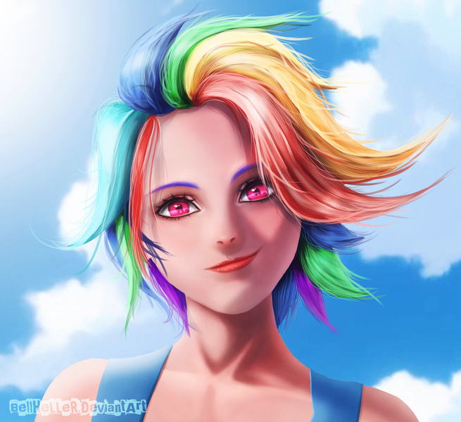 Size: 1732x1586 | Tagged: safe, artist:bellheller, derpibooru import, rainbow dash, human, clothes, cute, dashabetes, female, humanized, looking at you, multicolored hair, sky, smiling, solo