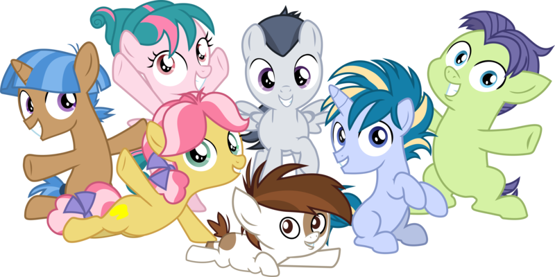 Size: 6132x3067 | Tagged: safe, artist:frownfactory, derpibooru import, cucumber seed, kettle corn, mocha berry, pipsqueak, rumble, skeedaddle, tulip swirl, earth pony, pegasus, pony, unicorn, marks and recreation, .svg available, absurd resolution, colt, female, filly, horn, male, simple background, svg, transparent background, two toned mane, two toned tail, vector, wings