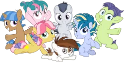 Size: 6132x3067 | Tagged: safe, artist:frownfactory, derpibooru import, cucumber seed, kettle corn, mocha berry, pipsqueak, rumble, skeedaddle, tulip swirl, earth pony, pegasus, pony, unicorn, marks and recreation, .svg available, absurd resolution, colt, female, filly, horn, male, simple background, svg, transparent background, two toned mane, two toned tail, vector, wings