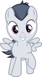 Size: 3064x5566 | Tagged: safe, artist:frownfactory, derpibooru import, rumble, pegasus, pony, marks and recreation, colt, cute, grin, looking at you, male, raised hoof, rumblebetes, simple background, smiling, solo, transparent background, two toned mane, two toned tail, vector, wings