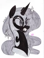 Size: 800x1056 | Tagged: safe, artist:ryuredwings, derpibooru import, nightmare moon, alicorn, pony, bust, female, inktober, mare, portrait, simple background, solo, traditional art, white background