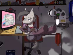 Size: 3600x2700 | Tagged: safe, artist:skydiggitydive, derpibooru import, oc, oc:wing dancer, unofficial characters only, anthro, bat pony, robot, chair, clothes, computer, hooves up, indoors, plumbus, portal, portal (valve), solo, text, trash, wheatley