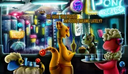 Size: 1174x681 | Tagged: safe, artist:jamescorck, derpibooru import, oc, oc:movie slate, unofficial characters only, ampharos, flaaffy, mareep, pony, unicorn, alcohol, arcade, beer, blade runner, city, crossover, do androids dream of electric sheep?, drink, female, flying car, mare, parody, pokémon, restaurant, story in the source