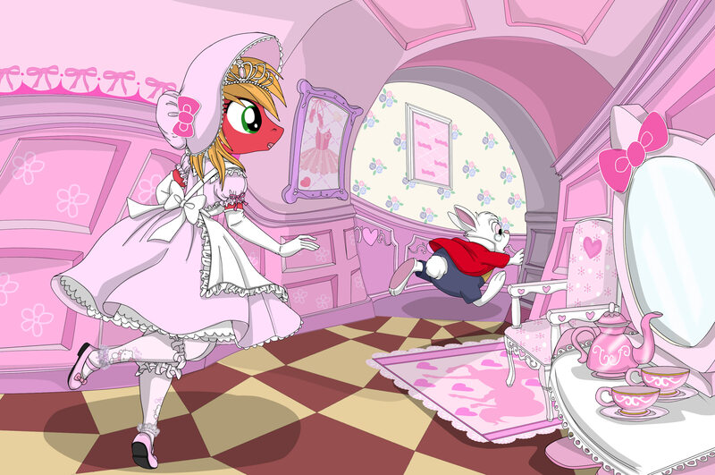 Size: 2800x1860 | Tagged: safe, artist:avchonline, derpibooru import, big macintosh, anthro, earth pony, plantigrade anthro, alice in wonderland, ballet slippers, bonnet, bow, chair, clothes, crossdressing, disney, dress, girly, gloves, hello kitty, jewelry, long gloves, male, mary janes, mirror, pantaloons, petticoat, pinafore, rabbit hole, running, sanrio, stallion, stockings, teapot, tiara, tutu, white rabbit