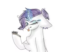 Size: 600x400 | Tagged: safe, artist:sodadoodle, derpibooru import, rarity, pony, unicorn, chest fluff, colored sketch, concentrating, eyebrows, eyeshadow, female, floppy ears, hairbrush, magic, makeup, mare, messy bun, messy hair, messy mane, one eye closed, one eye open, simple background, sketch, sketchy, solo, tongue out, white background