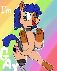 Size: 864x1080 | Tagged: safe, artist:tacodeltaco, derpibooru import, oc, oc:heartspring, unofficial characters only, earth pony, pony, amputee, bandana, clothes, collar, female, gay pride, jacket, lgbt, looking at you, mare, meme, one eye closed, pride, prosthetic limb, prosthetics, rainbow background, solo, tail wrap, tongue out, wink