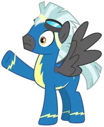 Size: 2450x2984 | Tagged: safe, artist:sketchmcreations, derpibooru import, thunderlane, pegasus, pony, marks and recreation, clothes, goggles, male, raised hoof, simple background, solo, spread wings, stallion, transparent background, uniform, vector, wings, wonderbolts uniform