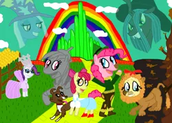 Size: 3216x2292 | Tagged: safe, artist:sb1991, derpibooru import, apple bloom, fluttershy, pinkie pie, queen chrysalis, rainbow dash, rarity, trixie, winona, pony, challenge, cornfield, cowardly lion, dorothy gale, emerald city, equestria amino, forest, glinda, poppies, rainbow, scarecrow, the wizard of oz, tinman, toto, wicked witch of the west, yellow brick road
