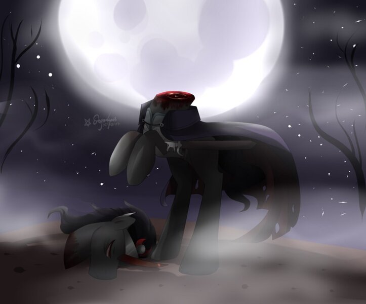 Size: 981x814 | Tagged: grimdark, artist:dragonempress666, derpibooru import, king sombra, headless horse, pony, unicorn, blood, decapitated, goretober, headless, male, moon, rearing, severed head, solo, stallion