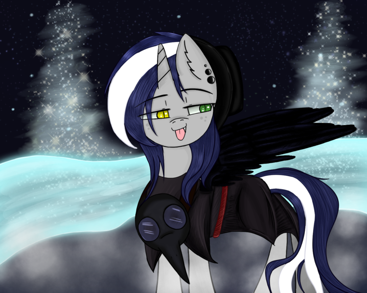 Size: 1280x1024 | Tagged: safe, artist:starlit nightcast, derpibooru import, oc, oc:starlit nightcast, unofficial characters only, alicorn, pony, alicorn oc, hat, heterochromia, plague doctor, plague doctor mask, pork pie hat, solo, tongue out