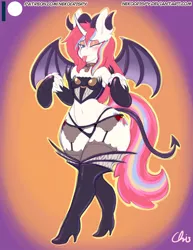 Size: 892x1155 | Tagged: suggestive, artist:nekocrispy, derpibooru import, oc, oc:nekonin, unofficial characters only, alicorn, anthro, succubus, alicorn oc, anthro oc, arm hooves, boots, bottom heavy, child bearing hips, clothes, crossdressing, crossover, curved horn, cute, demon wings, devil horns, devil tail, ear fluff, evening gloves, extra thicc, femboy, garter belt, gloves, halloween, high heel boots, high heels, holiday, impossibly wide hips, long gloves, looking at you, male, one eye closed, panties, patreon, patreon logo, patreon reward, shoes, solo, solo male, stallion, stockings, tera, thigh highs, thong, tongue out, trap, underwear, wide hips, wink