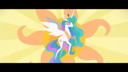 Size: 1365x767 | Tagged: safe, derpibooru import, screencap, princess celestia, alicorn, pony, my little pony: the movie, crown, cutie mark background, end credits, female, jewelry, mare, multicolored mane, multicolored tail, no pupils, peytral, pointy ponies, praise the sun, purple eyes, regalia, smiling, solo, spread wings, sun, tiara