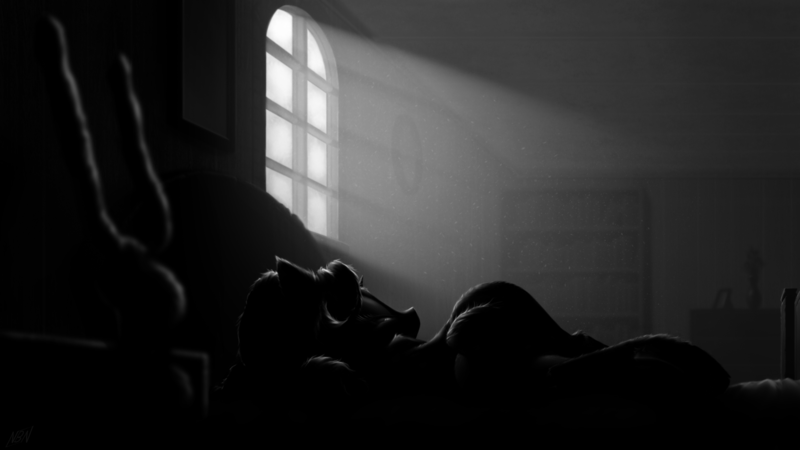 Size: 2560x1440 | Tagged: safe, artist:narbarnar, derpibooru import, starlight glimmer, pony, unicorn, atmosphere, bed, black and white, grayscale, looking at you, lying down, messy mane, monochrome, on back, solo, starlight's room, window