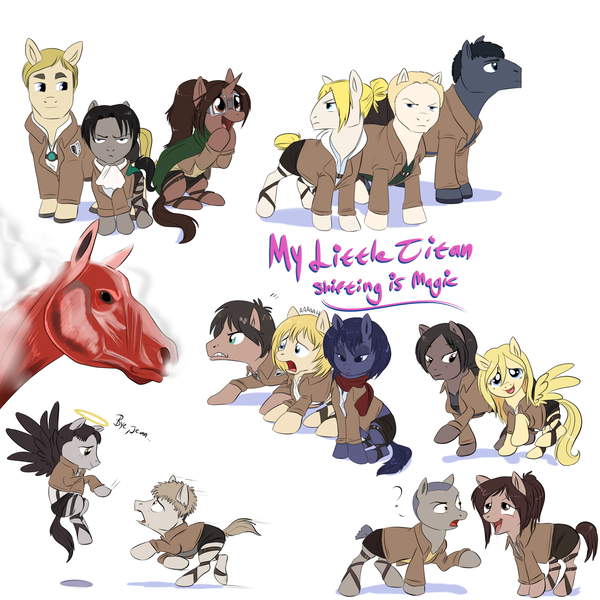 Size: 2000x2000 | Tagged: safe, artist:konnestra, derpibooru import, ponified, pony, annie leonhardt, armin arlert, attack on hoers, attack on titan, bertolt hoover, colossal titan, connie springer, crossover, eren jaeger, erwin smith, hanji zoe, historia reiss, hoers, jean kirschtein, krista lenz, levi ackerman, marco bott, mikasa ackerman, reiner braun, sasha braus, steam, ymir