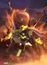 Size: 1200x1668 | Tagged: safe, artist:redchetgreen, derpibooru import, oc, unofficial characters only, earth pony, pony, armor, city, cloud, commission, explosion, gun, headset, male, night, smiling, stallion, weapon, ych result