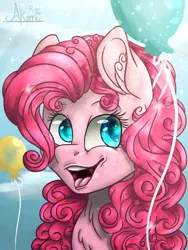 Size: 768x1024 | Tagged: safe, artist:forestspirit31, artist:princesscrystal36, derpibooru import, pinkie pie, pony, balloon, happy, solo