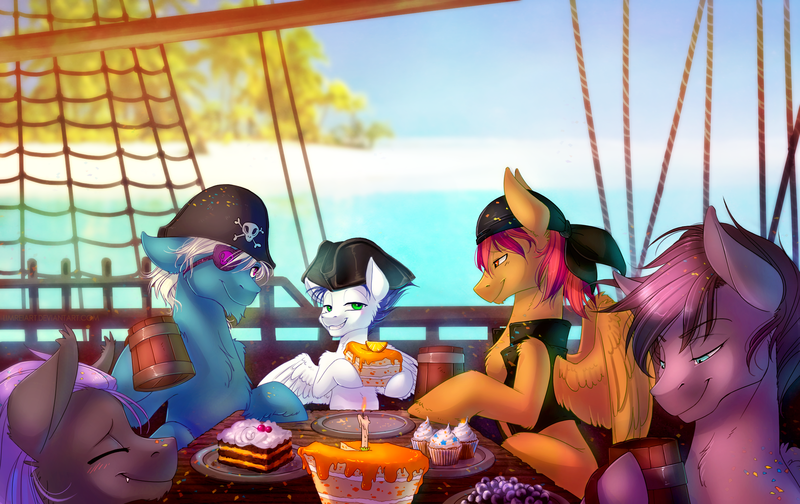 Size: 2323x1464 | Tagged: safe, artist:limreiart, derpibooru import, oc, unofficial characters only, bat pony, pegasus, pony, bat pony oc, cake, cupcake, eyepatch, eyes closed, fangs, food, hat, island, male, pirate, pirate hat, pirate ship, ship, stallion, water