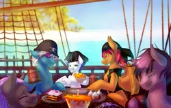 Size: 2323x1464 | Tagged: safe, artist:limreiart, derpibooru import, oc, unofficial characters only, bat pony, pegasus, pony, bat pony oc, cake, cupcake, eyepatch, eyes closed, fangs, food, hat, island, male, pirate, pirate hat, pirate ship, ship, stallion, water