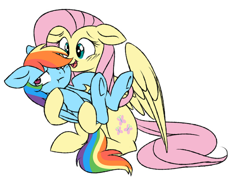 Size: 5347x4117 | Tagged: safe, artist:chub-wub, derpibooru import, fluttershy, rainbow dash, pegasus, pony, :t, absurd resolution, blushing, female, flutterdash, fluttermom, lesbian, mama fluttershy, mare, rainbow dash is not amused, shipping, simple background, size difference, smiling, smoldash, unamused, underhoof, white background