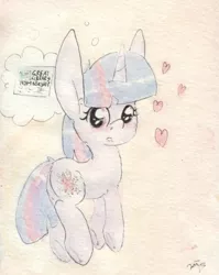 Size: 688x863 | Tagged: safe, artist:slightlyshade, derpibooru import, twilight sparkle, pony, unicorn, blushing, book, heart, solo, that pony sure does love books, thought bubble, traditional art