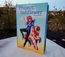 Size: 3963x3464 | Tagged: safe, artist:bakki, derpibooru import, oc, oc:erin olsen, oc:sunflower, unofficial characters only, human, pony, fanfic, fanfic:project sunflower, book, book cover, converse, fanfic art, outdoors, physical copy, shoes