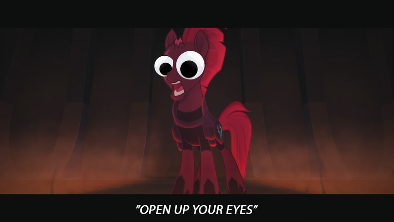 Size: 1920x1080 | Tagged: safe, derpibooru import, edit, edited screencap, screencap, fizzlepop berrytwist, tempest shadow, pony, my little pony: the movie, cute, eye, eyes, googly eyes, meme, open up your *very* eyes, open up your eyes, pretty pretty tempest, silly, silly pony, solo, special eyes