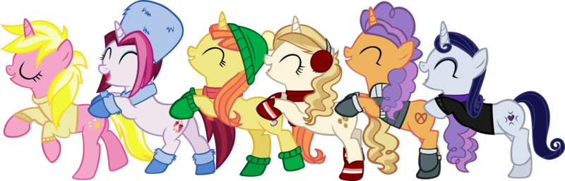 Size: 8124x2612 | Tagged: safe, alternate version, artist:ironm17, derpibooru import, cayenne, citrus blush, moonlight raven, pretzel twist, sunshine smiles, sweet biscuit, pony, unicorn, beanie, boots, butt touch, clothes, conga, earmuffs, eyes closed, female, grin, group, hat, hoof on butt, jacket, mare, open mouth, scarf, shoes, short-sleeved jacket, simple background, smiling, sweater, transparent background, vector, winter outfit