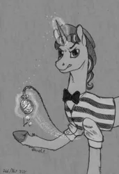 Size: 480x700 | Tagged: safe, artist:dany-the-hell-fox, derpibooru import, flim, pony, unicorn, broken, glowing horn, grayscale, magic, male, monochrome, pocket watch, solo, tabun art-battle, telekinesis