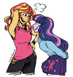 Size: 807x852 | Tagged: safe, artist:overlordneon, derpibooru import, sunset shimmer, twilight sparkle, equestria girls, alternate costumes, arm behind back, armpits, blushing, clothes, cute, female, hand on hip, lesbian, looking at each other, shimmerbetes, shipping, simple background, smiling, sunsetsparkle, sweater, twiabetes