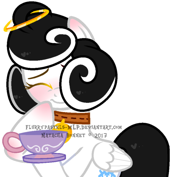 Size: 764x785 | Tagged: safe, artist:lenidusen, derpibooru import, oc, oc:snow angel, unofficial characters only, pegasus, pony, bell, bell collar, black hair, black mane, blushing, collar, cup, digital art, eyes closed, female, mare, simple background, solo, teacup, transparent background, watermark, white coat