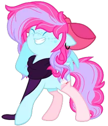 Size: 568x664 | Tagged: safe, artist:bezziie, derpibooru import, oc, oc:strawberry pie, unofficial characters only, pegasus, pony, bow, clothes, female, hair bow, head scratch, mare, simple background, socks, solo, sweater, transparent background