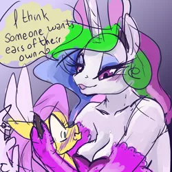 Size: 1000x1000 | Tagged: angel bunny, anthro, artist:candasaurus, blushing, breasts, bunny ears, bunnylestia, bunny suit, busty princess celestia, cleavage, clothes, derpibooru import, dialogue, female, flutterlestia, fluttershy, lesbian, princess celestia, shipping, suggestive