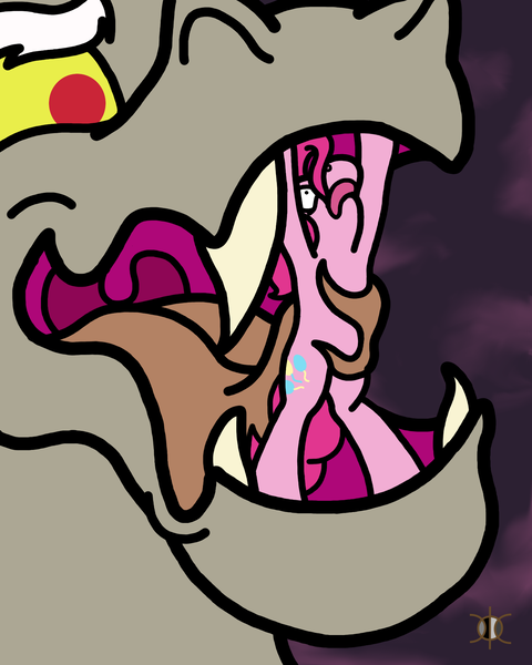 Size: 1600x2000 | Tagged: questionable, artist:parallel black, derpibooru import, discord, pinkie pie, art challenge, digital, fetish, imminent vore, micro, mouth, pinkie prey, simple background, size difference, struggling, the discord zone, tongue out, vore