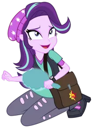 Size: 1600x2200 | Tagged: safe, artist:famousmari5, derpibooru import, starlight glimmer, equestria girls, mirror magic, spoiler:eqg specials, beanie, clothes, female, hat, kneeling, mirror, open mouth, shoulder bag, simple background, solo, torn clothes, transparent background, vector, vest, watch