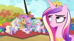 Size: 1920x1080 | Tagged: safe, derpibooru import, screencap, cloudy winds, coconut palm, cotton chip, cranberry pit, cream puff, ginger tea, grape stem, opulence, power chord, princess cadance, princess flurry heart, stratus wind, sun cloche, unnamed pony, alicorn, earth pony, pony, once upon a zeppelin, airship, baby, baby pony, background pony, cadance is not amused, eyeroll, female, las pegasus resident, male, mare, stallion, unamused, zeppelin