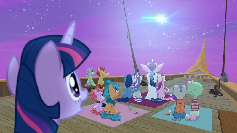 Size: 1920x1080 | Tagged: safe, derpibooru import, screencap, night light, princess cadance, princess flurry heart, shining armor, twilight sparkle, twilight sparkle (alicorn), twilight velvet, alicorn, pony, once upon a zeppelin, airship, northern stars, zeppelin