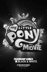 Size: 720x1094 | Tagged: safe, derpibooru import, edit, applejack, fluttershy, pinkie pie, rainbow dash, rarity, spike, twilight sparkle, twilight sparkle (alicorn), alicorn, dragon, pony, my little pony: the movie, black and white, classic art, grayscale, mane seven, mane six, monochrome, movie poster, old school, throwback thursday