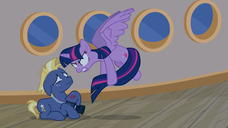 Size: 1920x1080 | Tagged: safe, derpibooru import, screencap, star tracker, twilight sparkle, twilight sparkle (alicorn), alicorn, pony, once upon a zeppelin, airship, angry, camera, flying, freckles, holding tail, injured, prone, scared, short tail, zeppelin