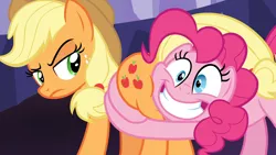 Size: 1920x1080 | Tagged: safe, derpibooru import, screencap, applejack, pinkie pie, earth pony, pony, shadow play, applebutt, applejack is not amused, butt touch, butthug, context is for the weak, cowboy hat, faceful of ass, faic, female, hat, hug, lidded eyes, looking back, mare, out of context, pinkie hugging applejack's butt, plot, raised eyebrow, stetson, unamused